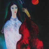 Thiếu nữ và đàn violoncelle – Đinh Cường (sơn dầu trên canvas 24 x 30 in)